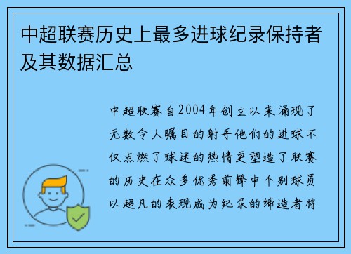 中超联赛历史上最多进球纪录保持者及其数据汇总